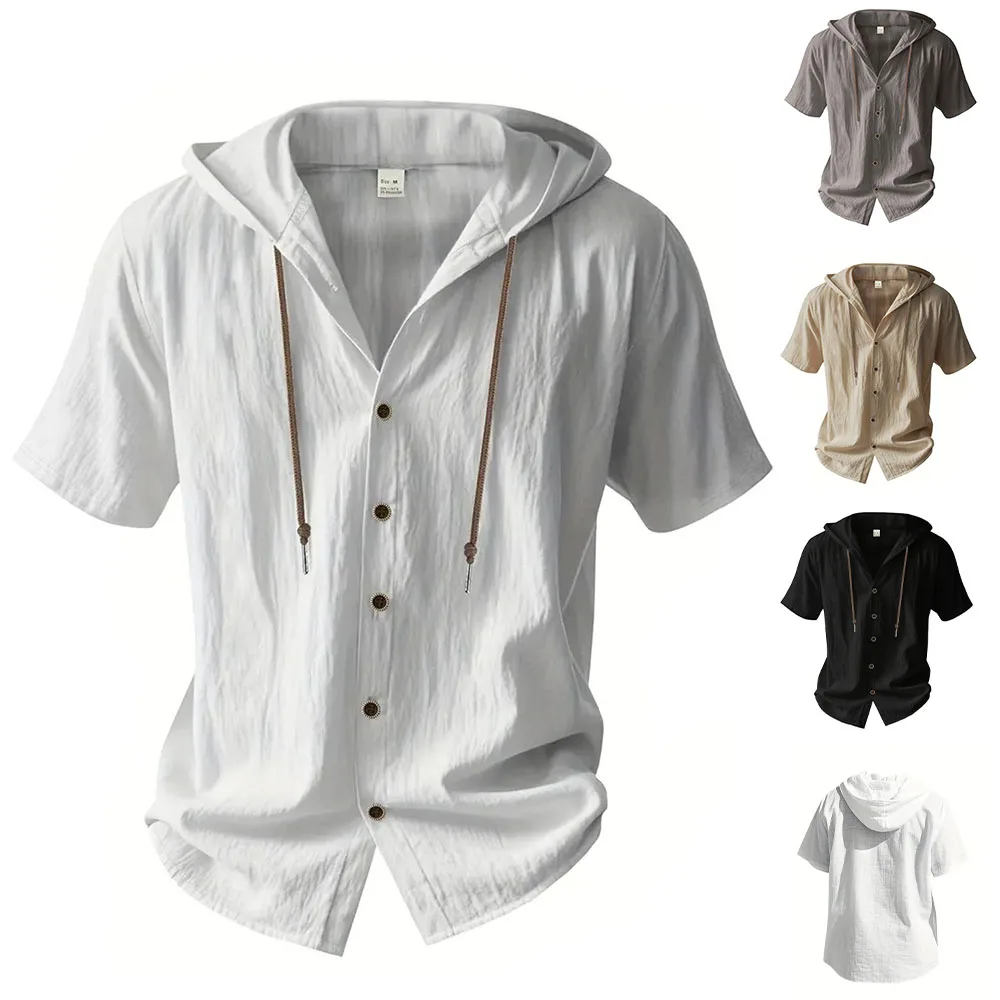 Cotton Linen Shirt for Men Hooded Short Sleeve Solid Color Breathable Lightweight Drawstring Design Shirts Casual Basic Tees Cotton Linen Shirt for Men Hooded Short Sleeve Solid Color Breathable Lightweight Drawstring Design Shirts Casual Basic Tees - Image 1