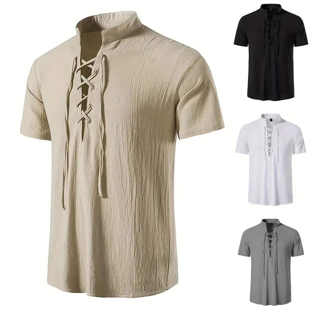 Men's Retro Shirt Short Sleeve Cotton Linen Lightweight Breathable Solid Color Fashion Tops Pirate V-neck Male Stylish Shirs Men's Retro Shirt Short Sleeve Cotton Linen Lightweight Breathable Solid Color Fashion Tops Pirate V-neck Male Stylish Shirs - Image 1