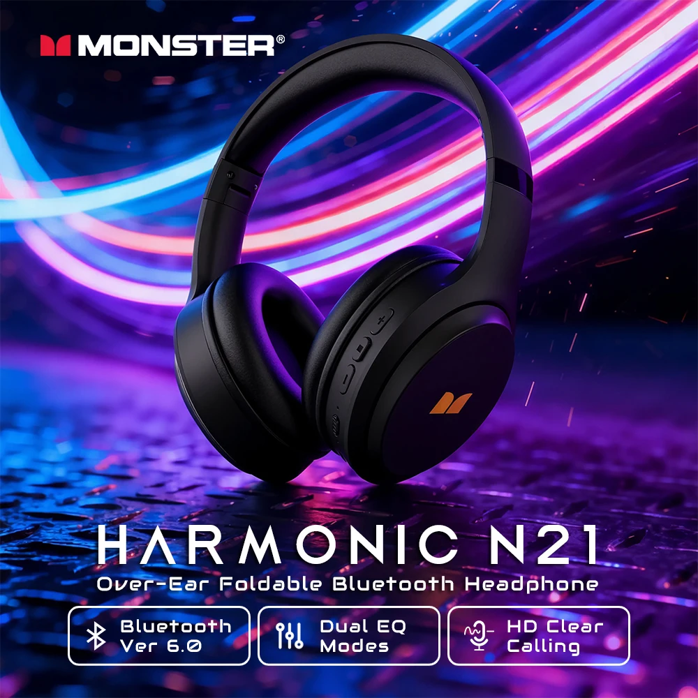 Monster Harmonic N21 Bluetooth 6.0 Headphones Dual EQ Mode Immersive Stereo Earphone Over-Ear Foldable Wire/Wireless Headset Monster Harmonic N21 Bluetooth 6.0 Headphones Dual EQ Mode Immersive Stereo Earphone Over-Ear Foldable Wire/Wireless Headset - Image 1