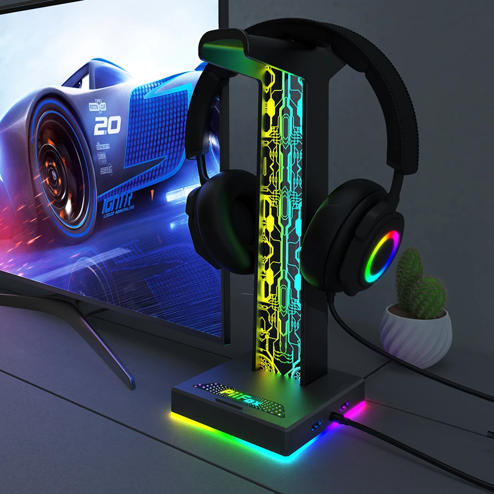 RGB Gaming Headphone Stand Dual USB Port 3.5mm Audio Port 10 Lighting Effects Desktop Gaming Headset Holder Hanger for Gamer PC RGB Gaming Headphone Stand Dual USB Port 3.5mm Audio Port 10 Lighting Effects Desktop Gaming Headset Holder Hanger for Gamer PC - Image 1